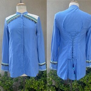 Rococo Sand boho blouse stripe blue white lace beads lace up back Small